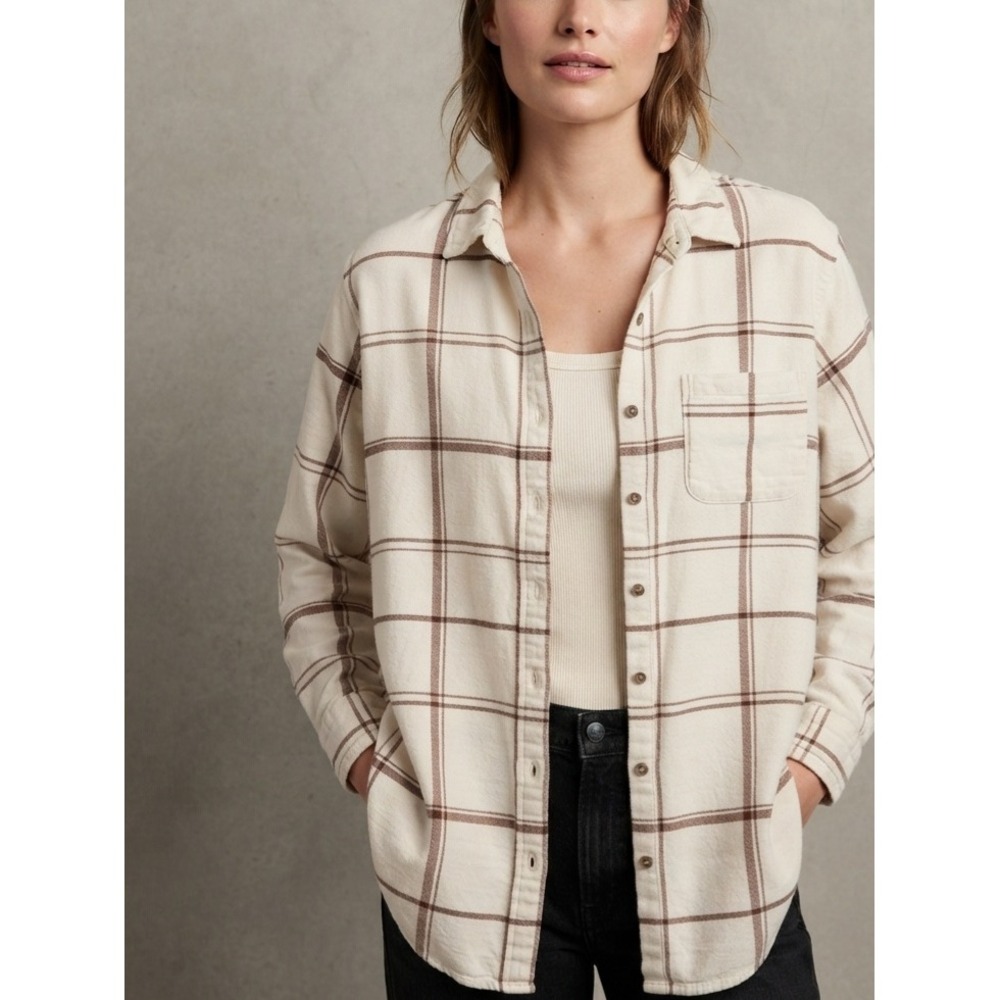 Universal Thread Plaid Flannel Relaxed Fit Button Down Shirt Cream Brown XL